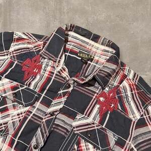 Helix Plaid Button Up Shirt Y2K MMA Style Cross Embroidered Size L